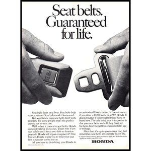 1986 Honda Motor Company Seat Belts Save Lives Vintage Print Ad Campaign Art